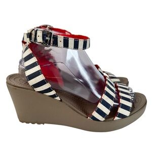Crocs Leigh Navy White Stripe Wedge Platform Ankle Strap Sandals 10 Coastal Vibe